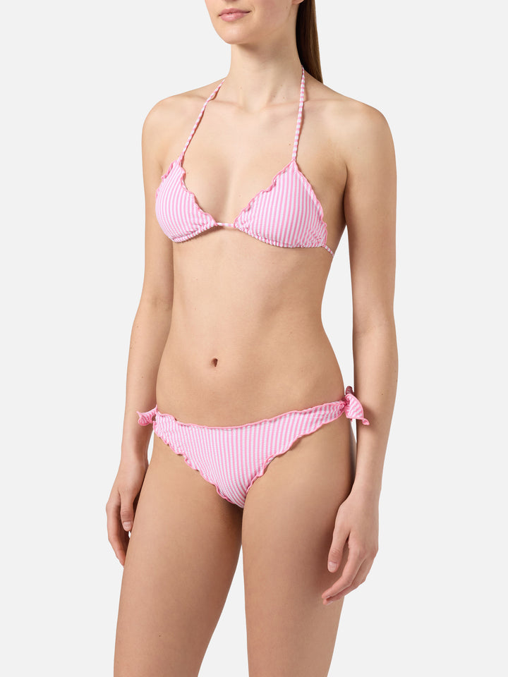 Bikini Sarius triangolo in seersucker a righe bianche e rosa