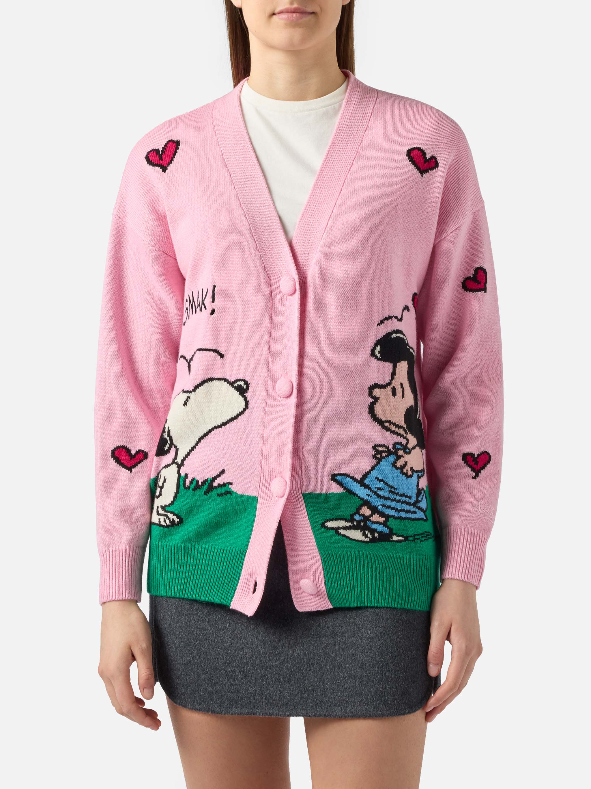 サイト S'YTE PEANUTS 23AW レターカーディガン Sasi cashmere-blend cardigan in pink with Snoopy jacquard