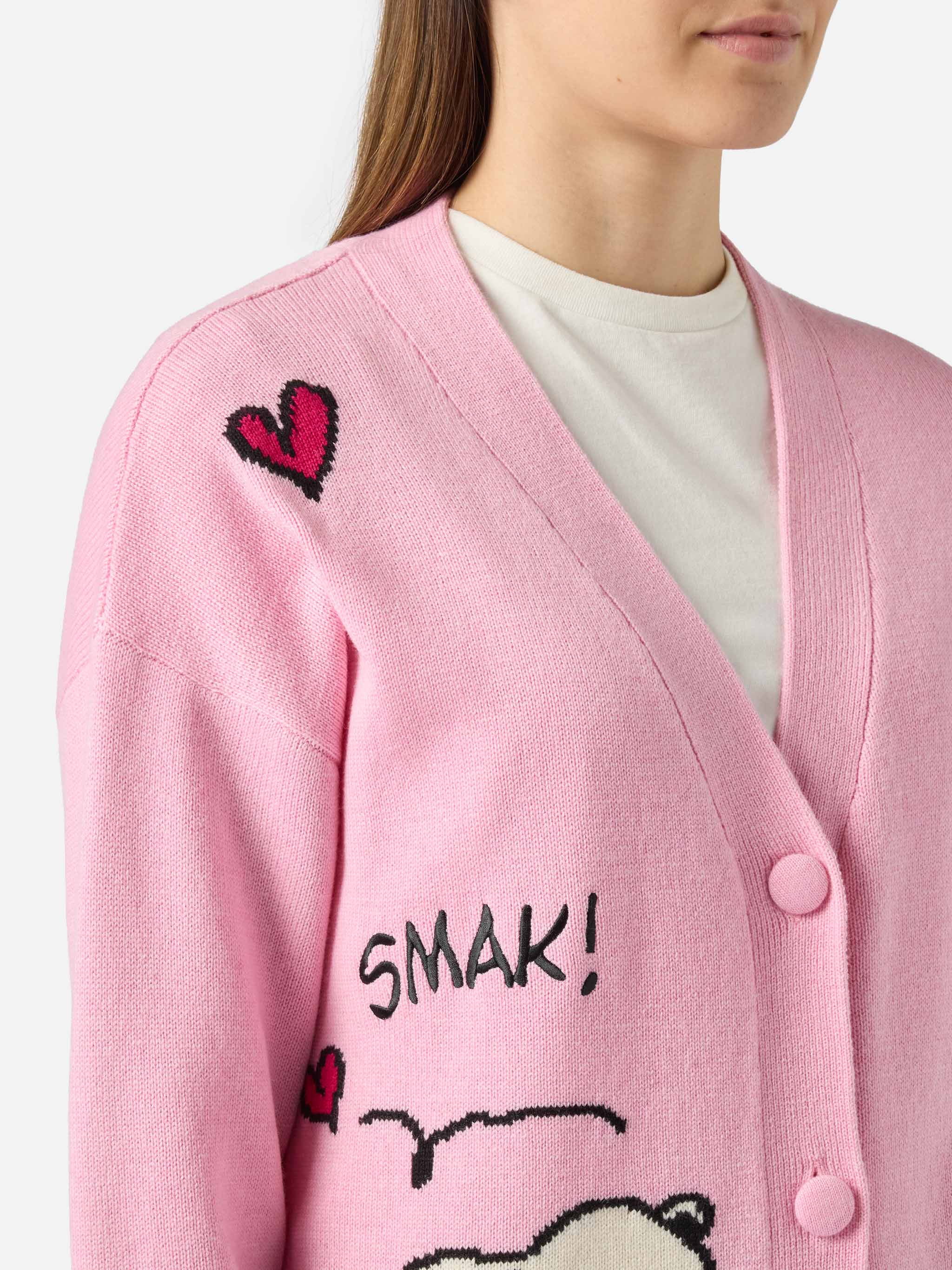 Sasi cashmere-blend cardigan in pink with Snoopy jacquard