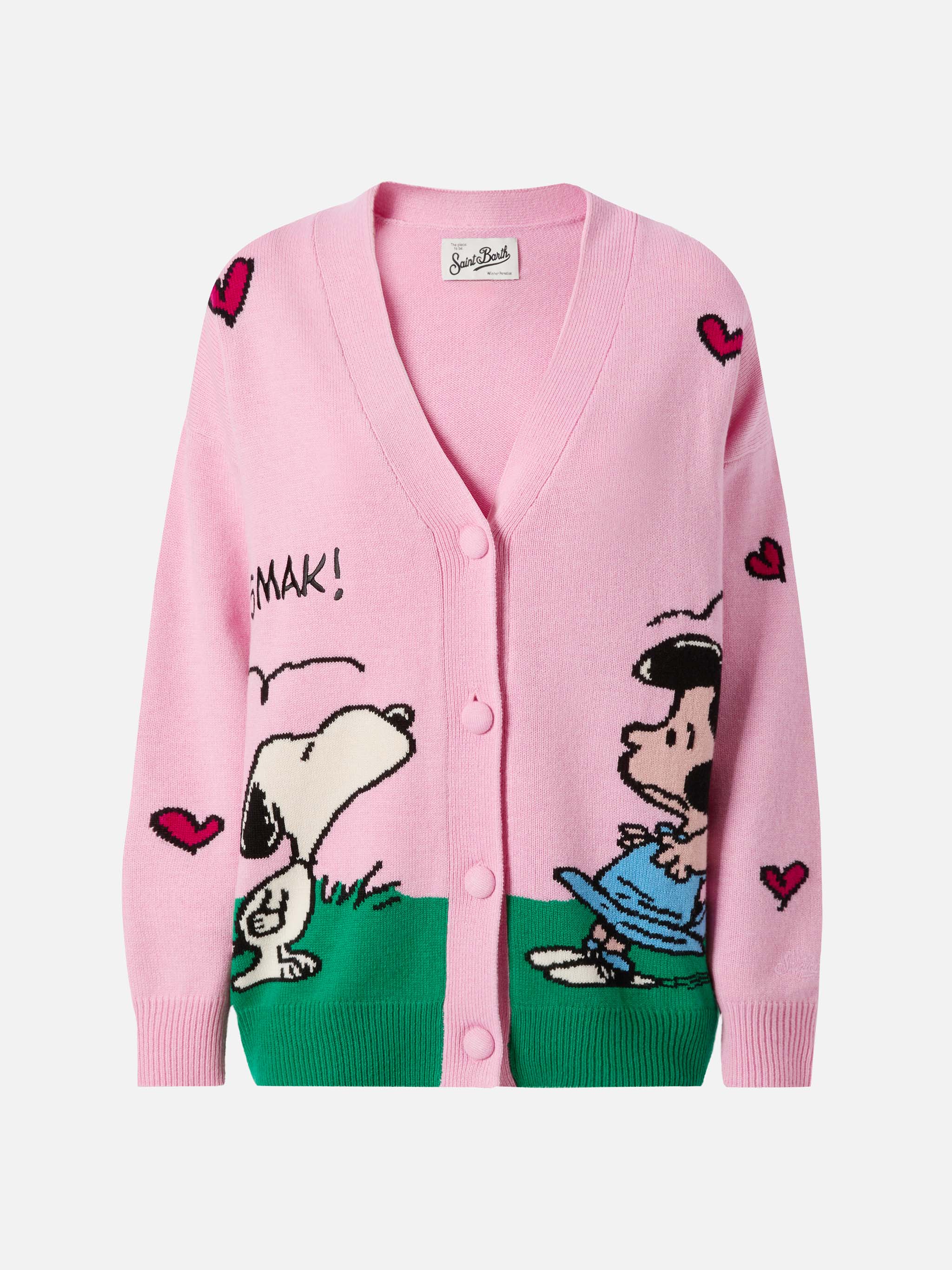 Sasi cashmere-blend cardigan in pink with Snoopy jacquard