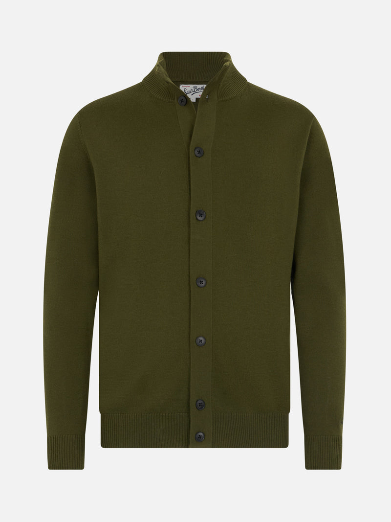 Man military green cardigan Savile in merino wool