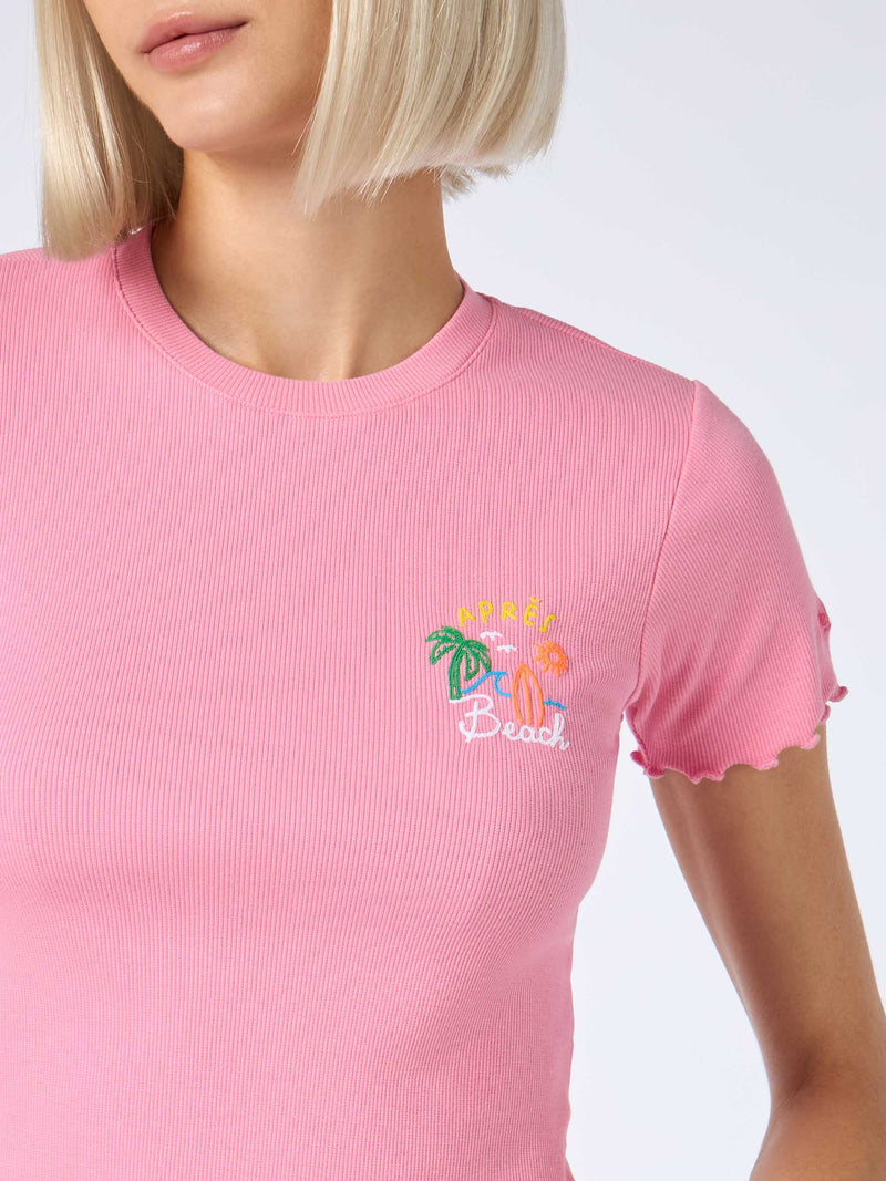 Geripptes Damen-T-Shirt mit Après Beach-Stickerei