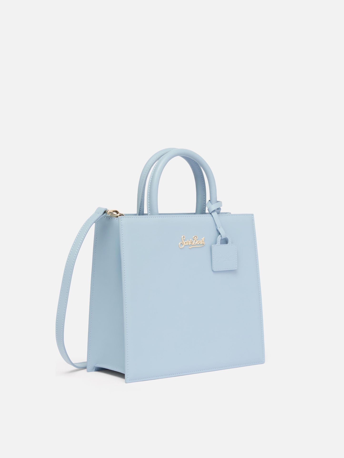 Structured Shop Midi bag in light blue smooth leather with metal tag