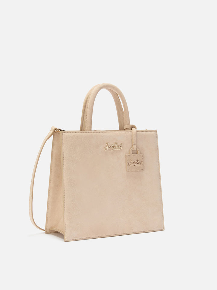 Borsa Medium Shop beige in camoscio con placca logo in metallo