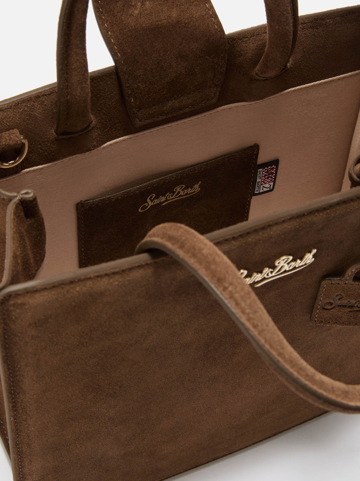 Borsa Medium Shop marrone in camoscio con scritta logo