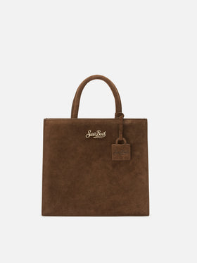 Borsa Medium Shop marrone in camoscio con scritta logo