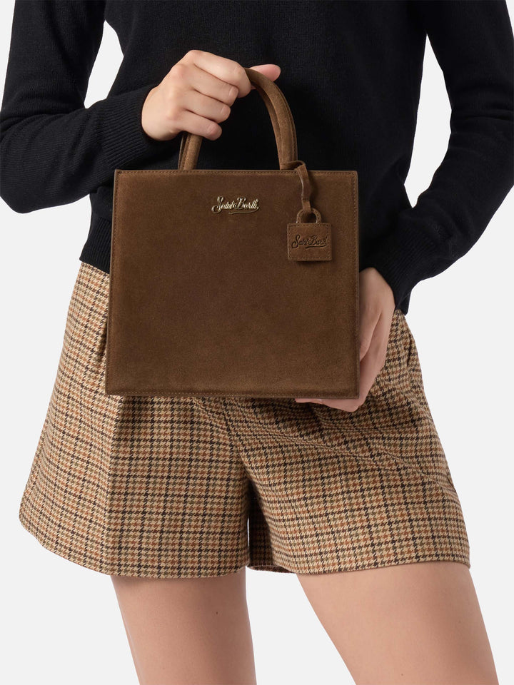 Braune mittelgroße Shopping-Bag aus Wildleder mit Logo-Schriftzug 