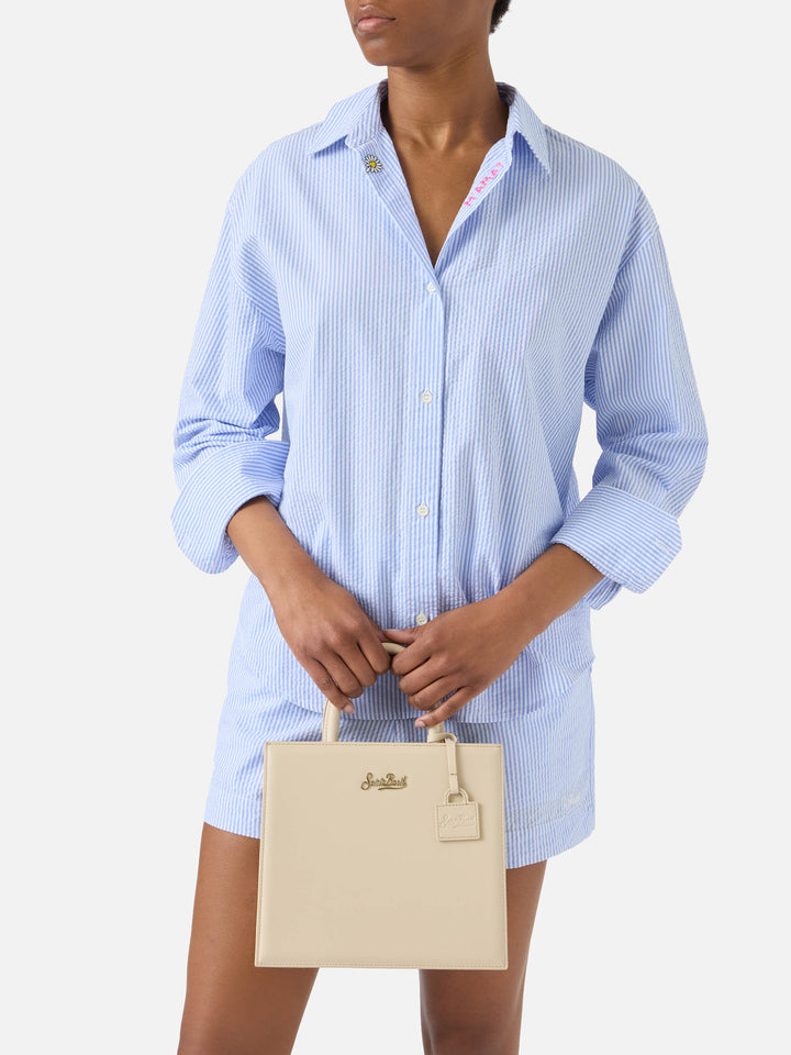 Sac Structured Shop Midi en cuir lisse ivoire avec plaque métallique 