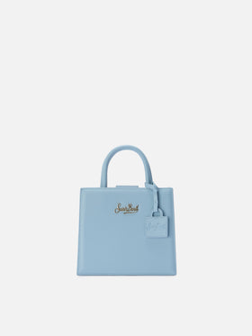 Structured Shop mini bag in light blue smooth leather with metal tag