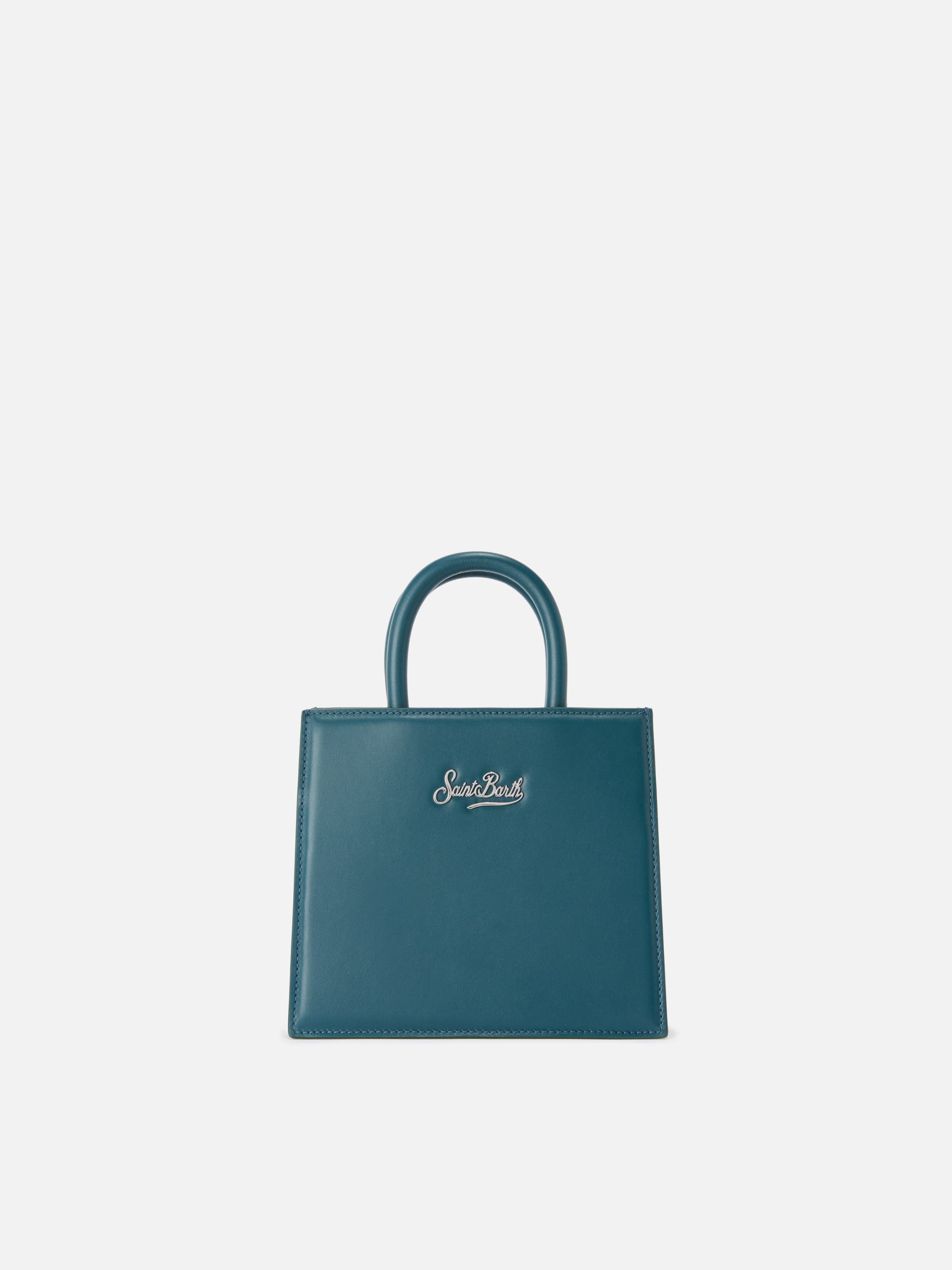 Structured Shop mini bag in teal green smooth leather with metal tag ...
