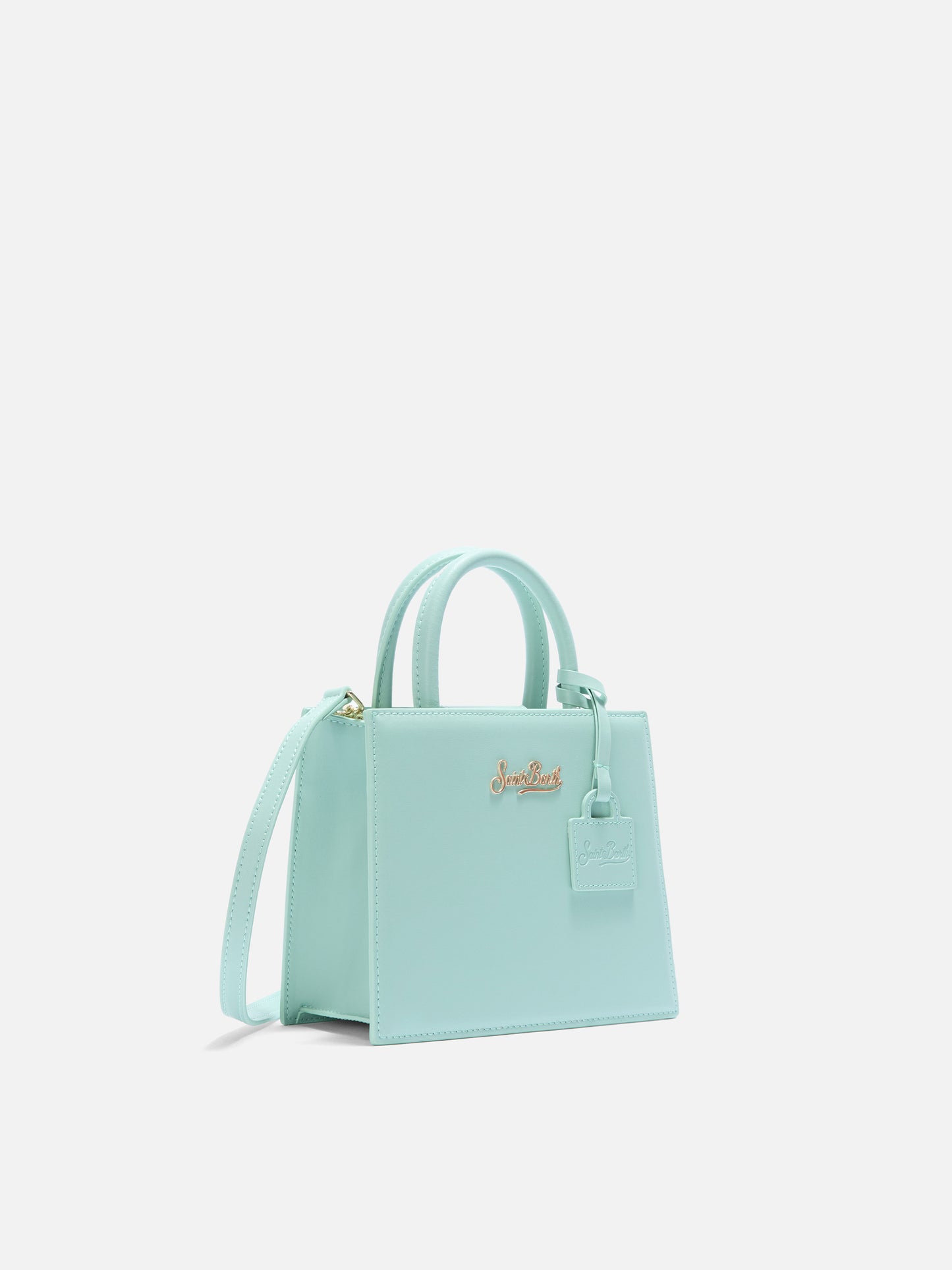Structured Shop mini bag in mint green smooth leather with metal tag