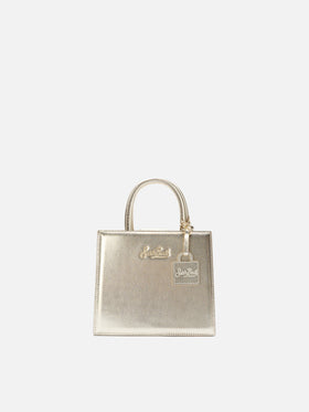 Structured Shop Mini bag in gold laminated leather with metal tag