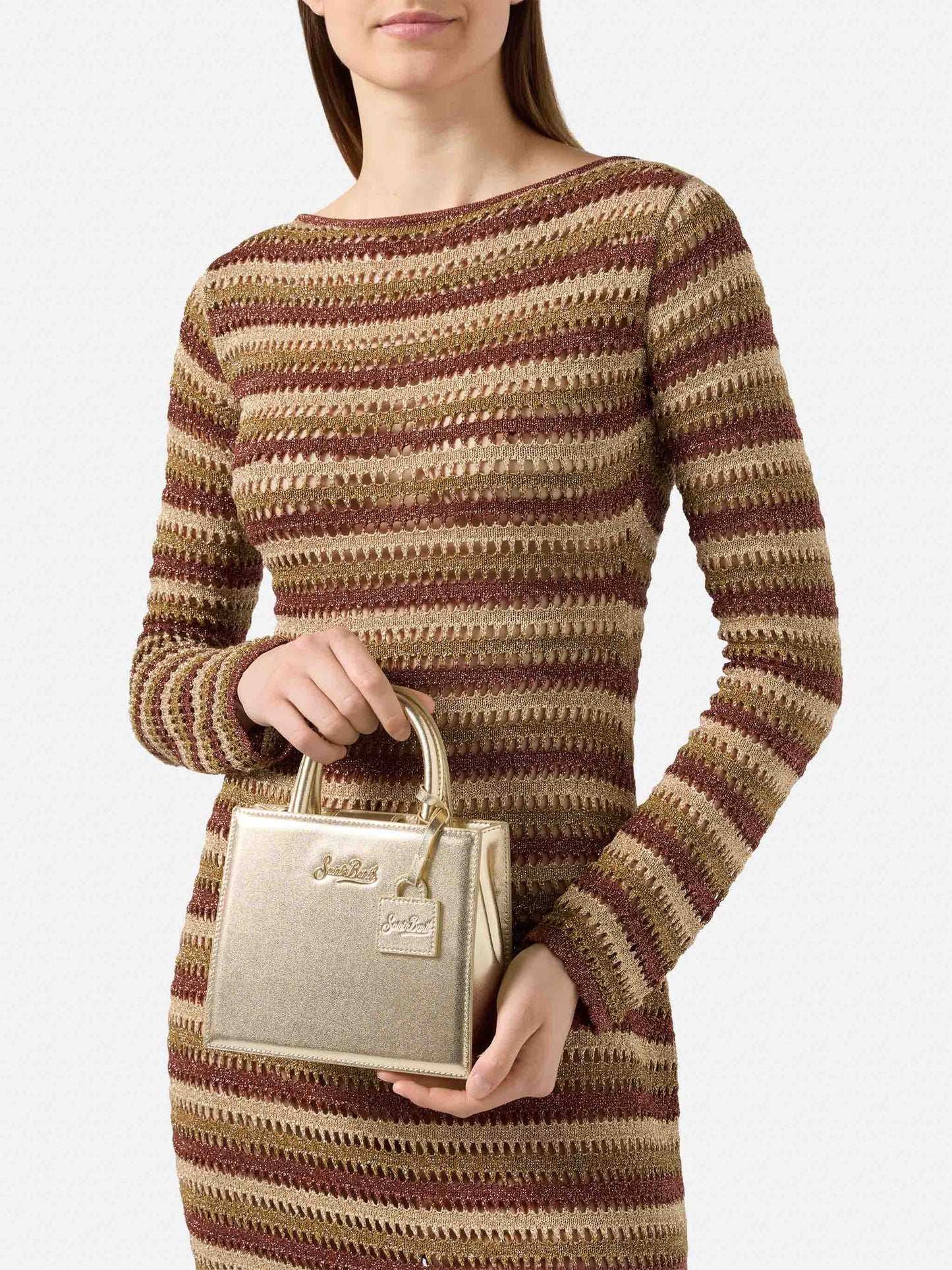 Structured Shop Mini bag in gold laminated leather with metal tag