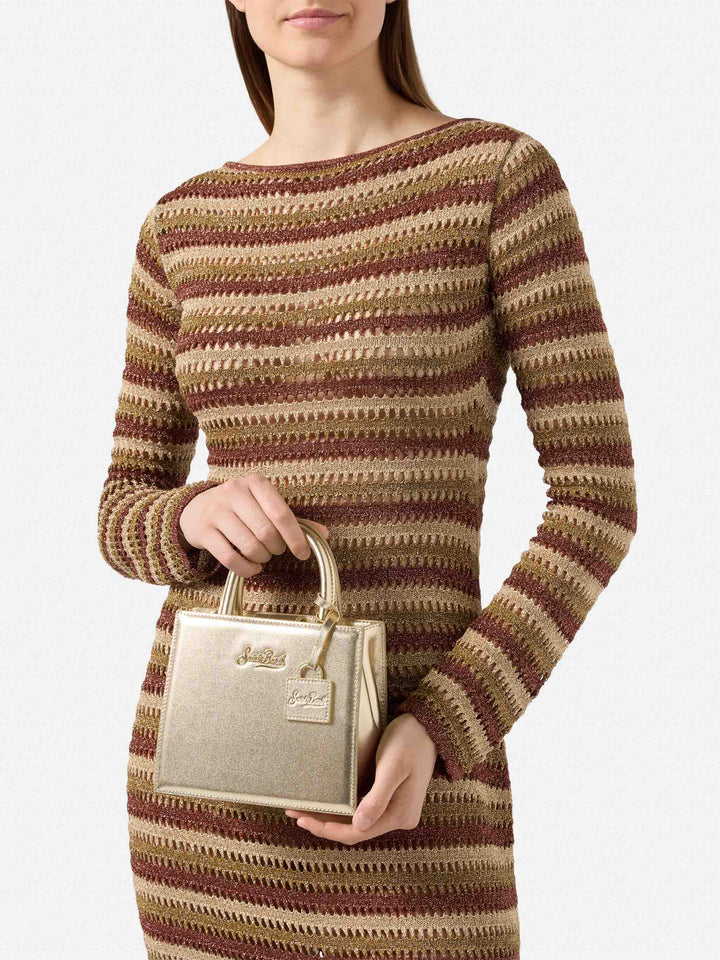 Structured Shop Mini bag in gold laminated leather with metal tag