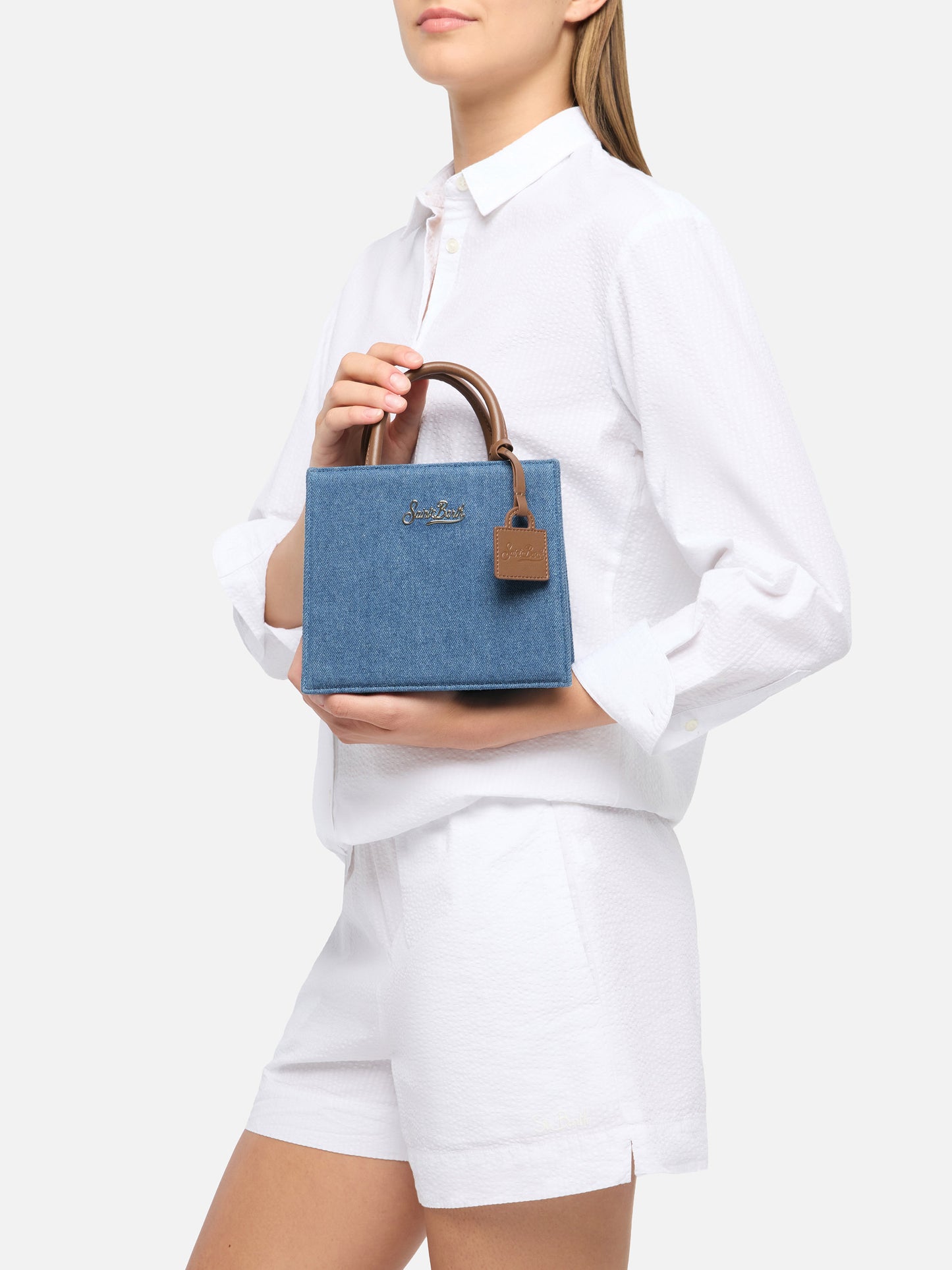 Borsa Shop Mini strutturata in denim con dettagli in pelle