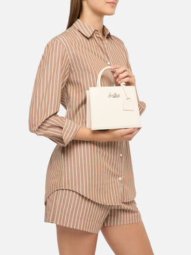 Structured Shop mini bag in white smooth leather with metal tag