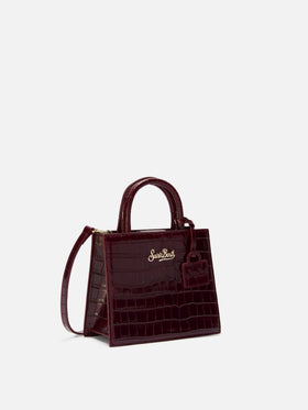 Bordeauxfarbene Mini-Shopper-Tasche aus Leder in Kroko-Optik 