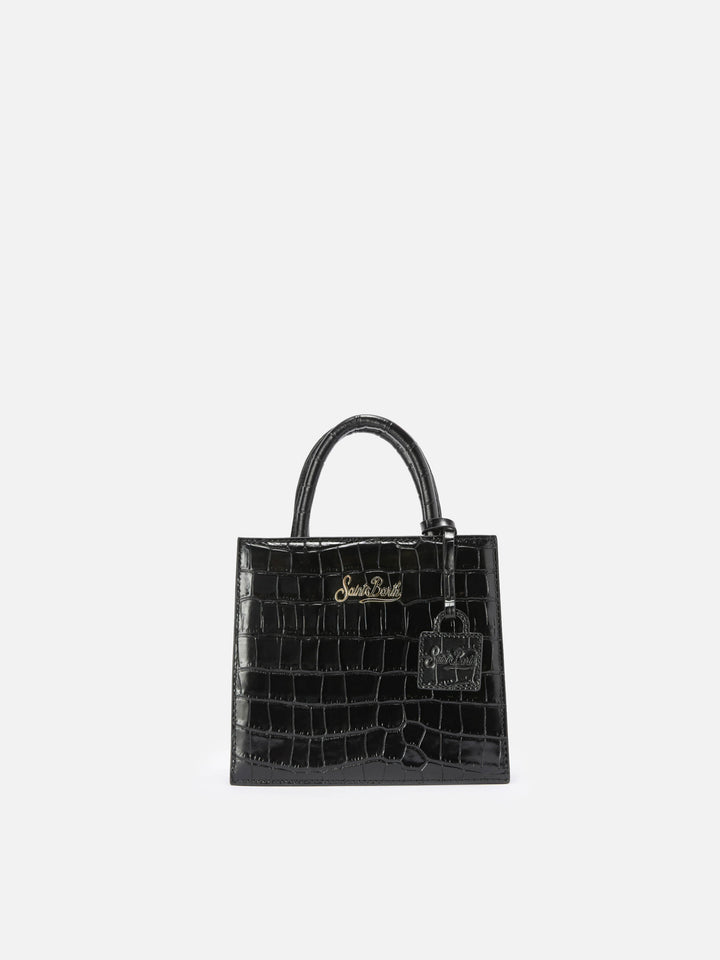 Black Mini Shop bag in croco print leather