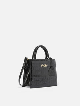 Black Mini Shop bag in croco print leather