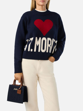 Bolso Mini Shop de denim oscuro en piel con paneles de denim 