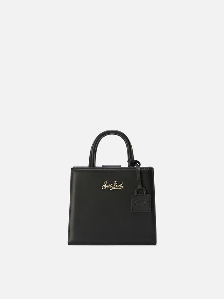 Borsa Shop mini strutturata in pelle liscia nera con targhetta metallica