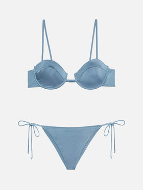 Klassische Badehose Marielle in schimmerndem Avioblau – Bügel-Bralette Salina in Avioblau