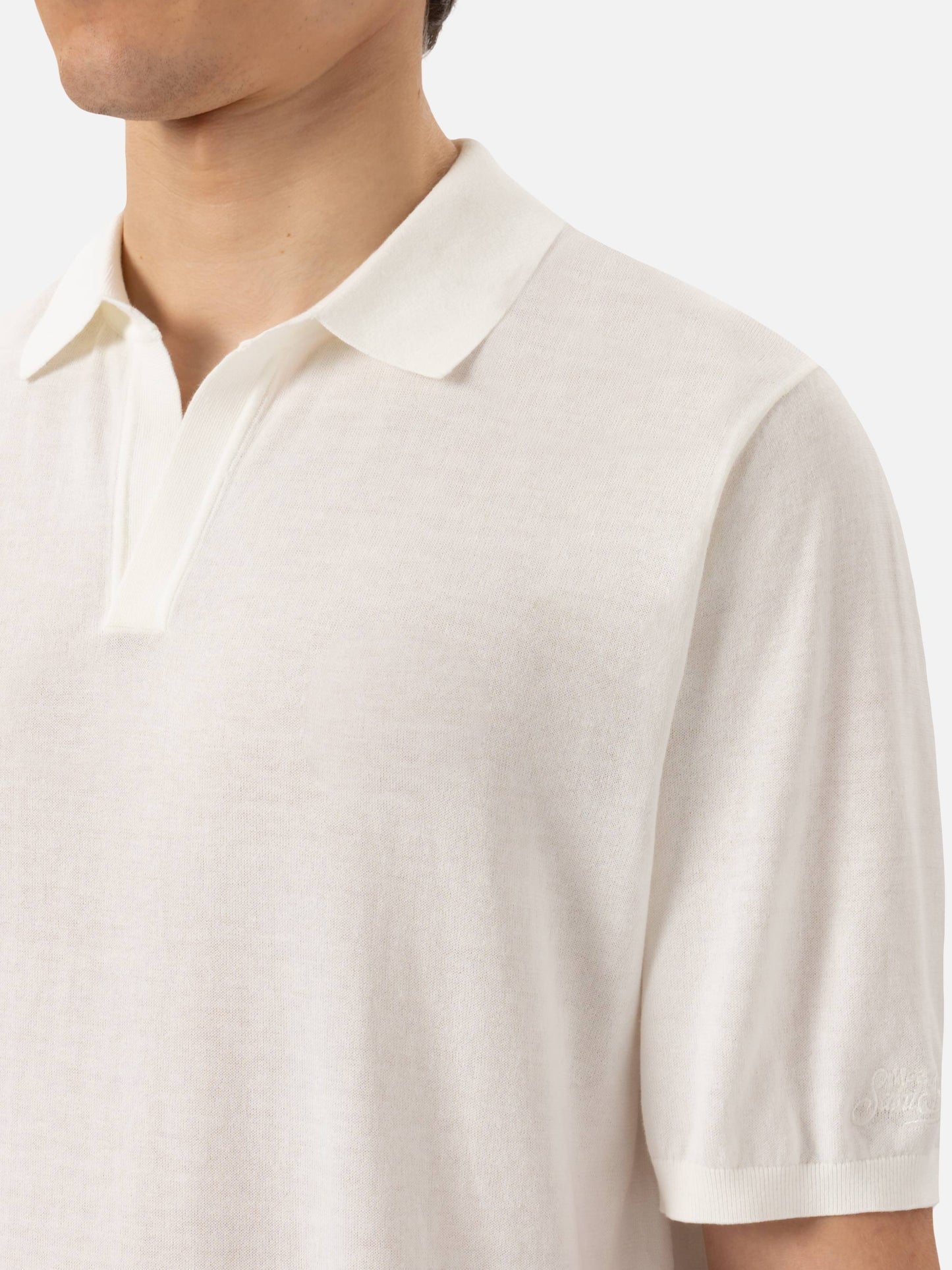 Sloan white buttonless knitted polo shirt