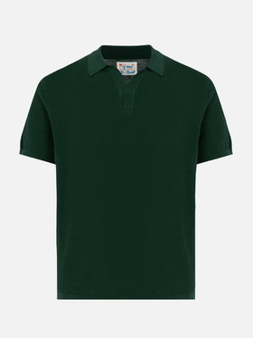 Sloan green buttonless mesh knitted polo shirt