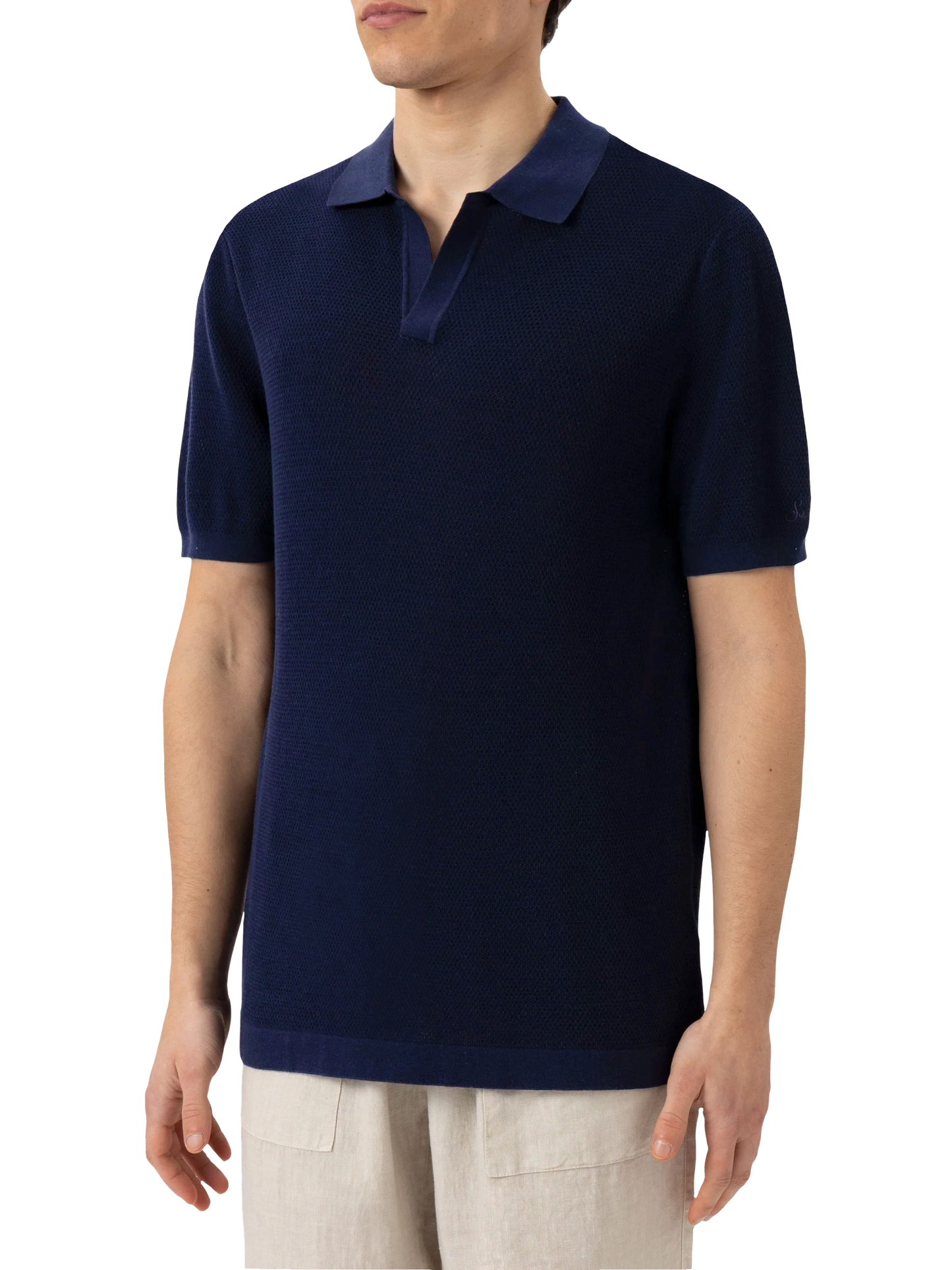 Sloan navy blue mesh buttonless knitted polo shirt