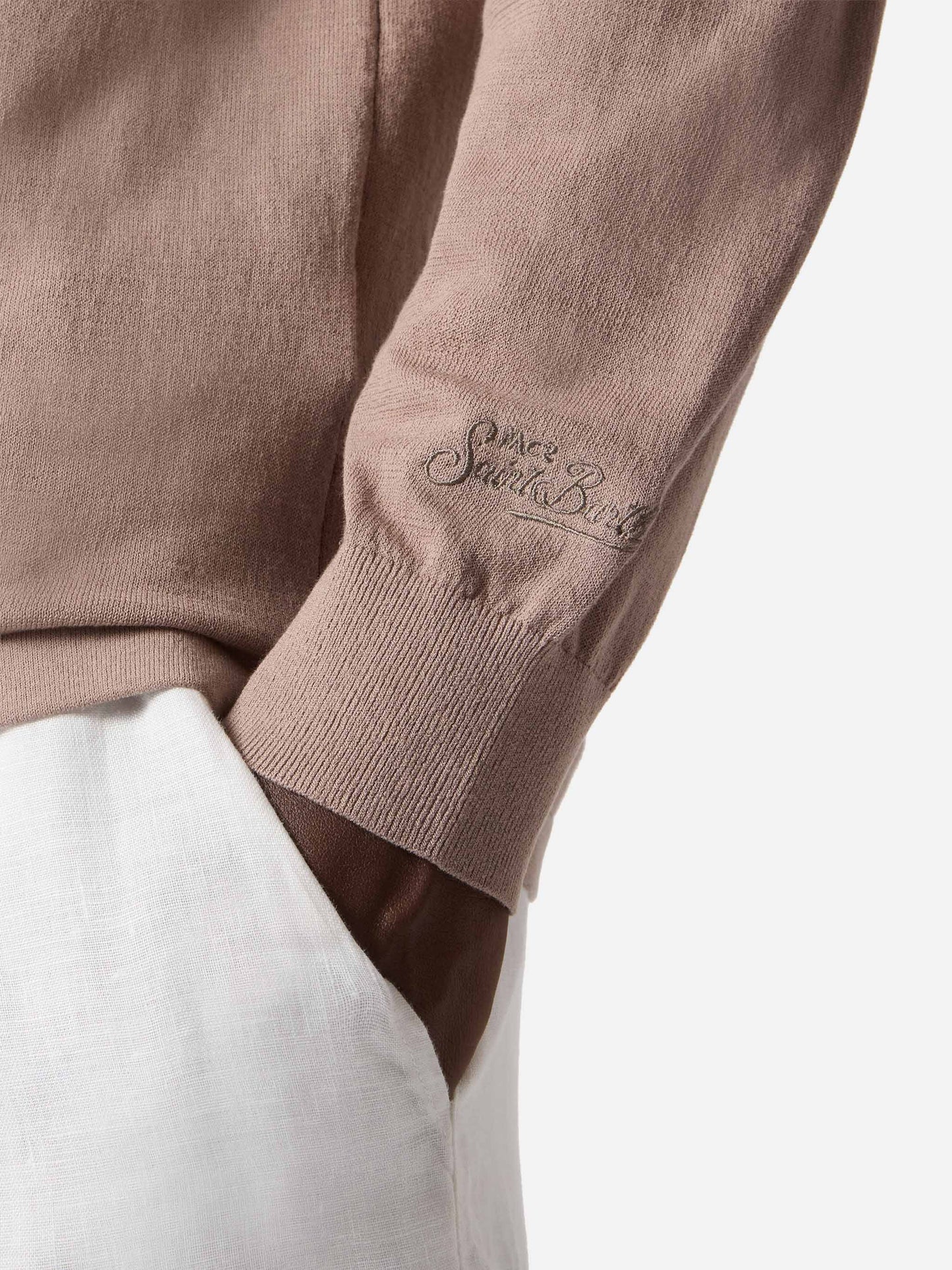 Sloan long-sleeve solid taupe polo in premium high-twist cotton