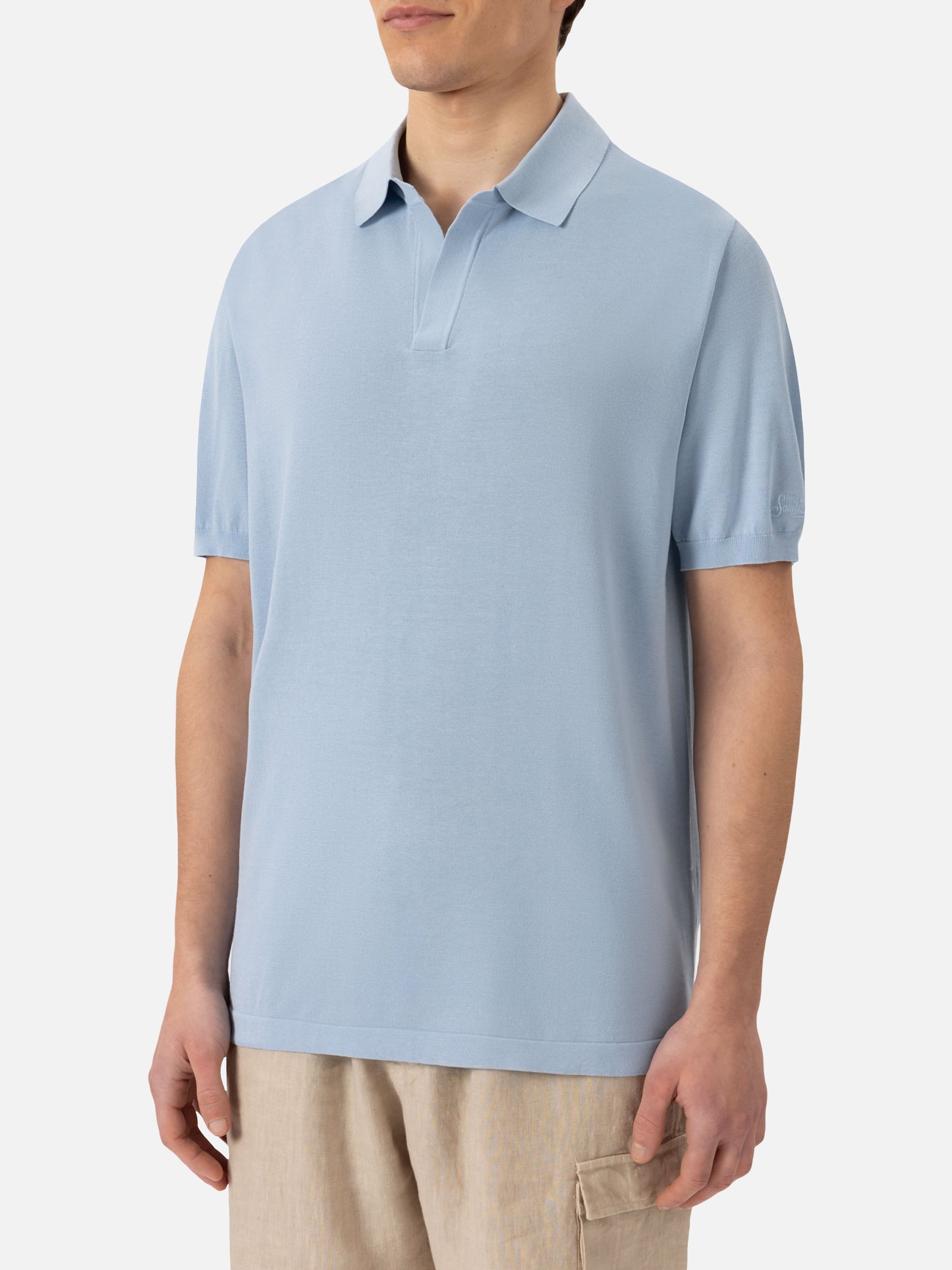 Sloan hellblaues Poloshirt aus Seiden-Baumwoll-Strick