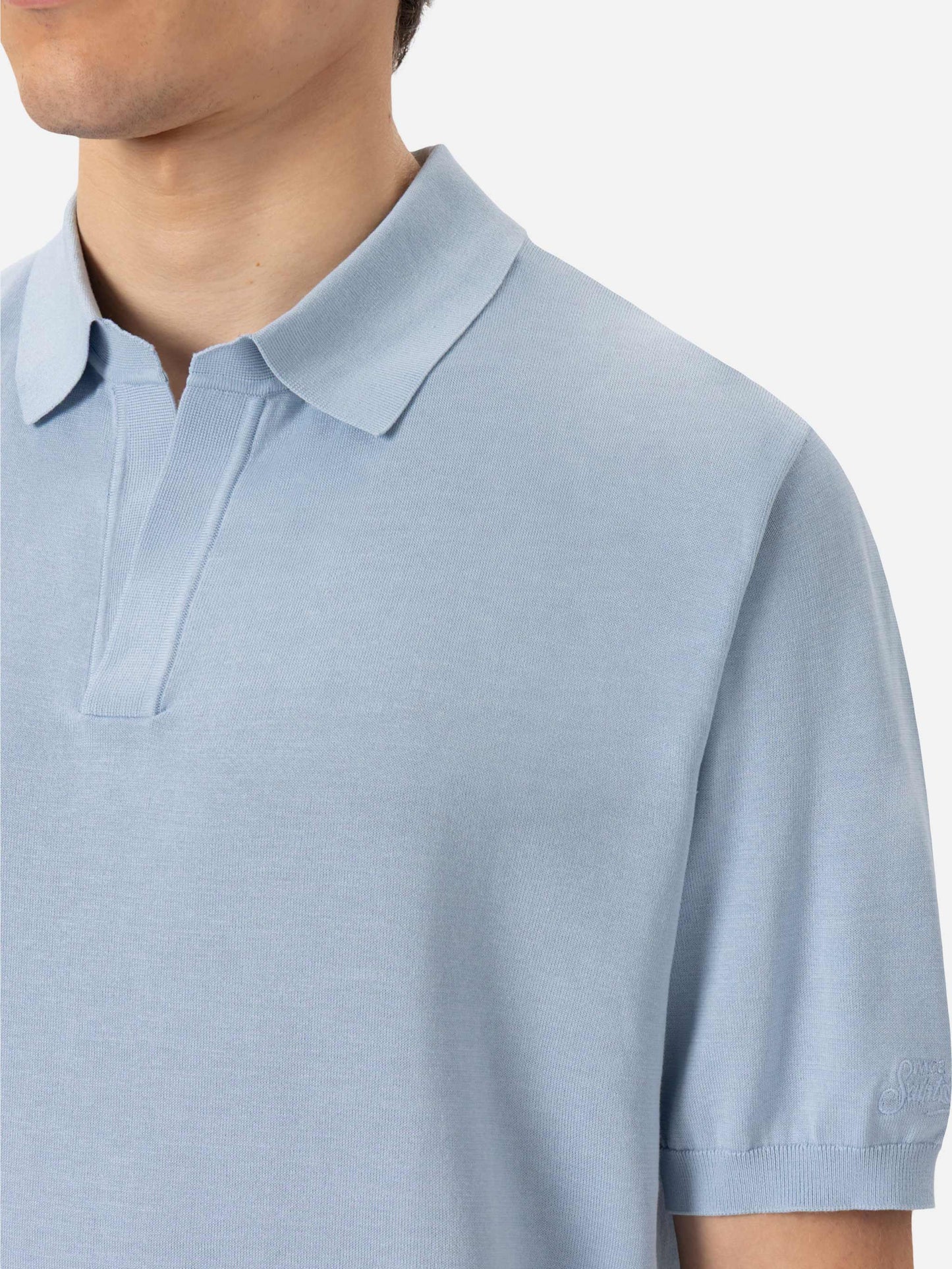 Sloan hellblaues Poloshirt aus Seiden-Baumwoll-Strick
