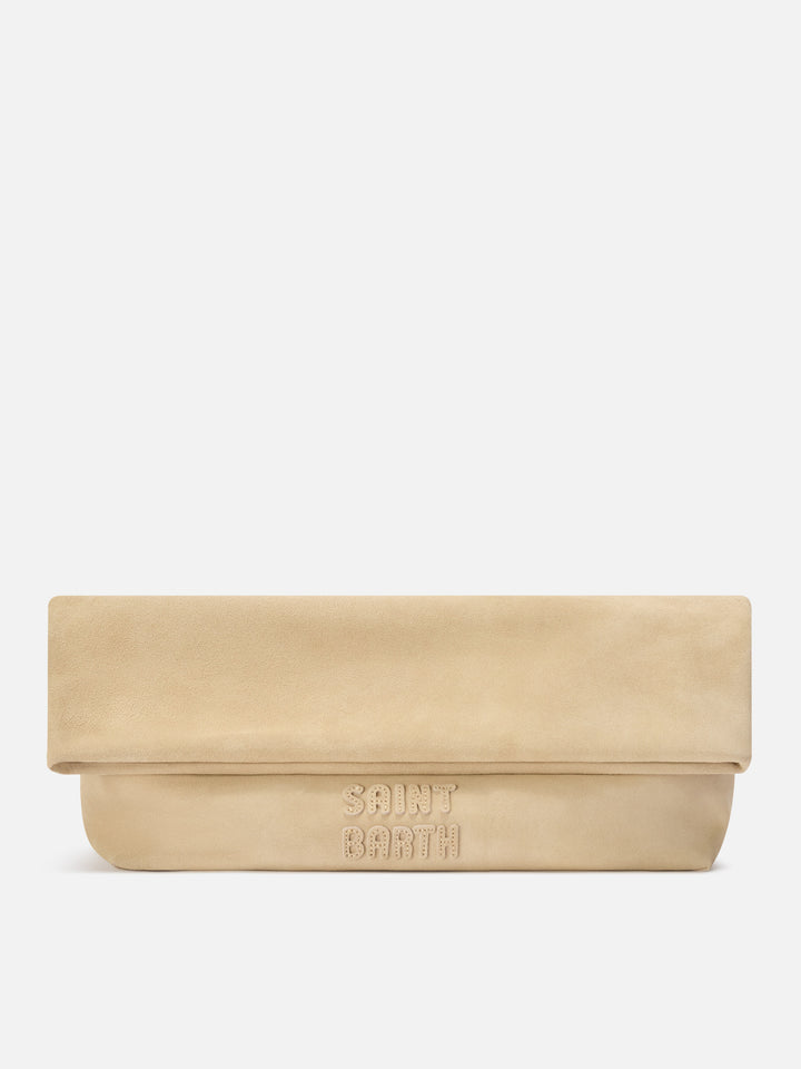 Beige suede Maxi pouch with logo patch