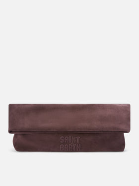 Maxi pouch en daim marron avec patch logo 