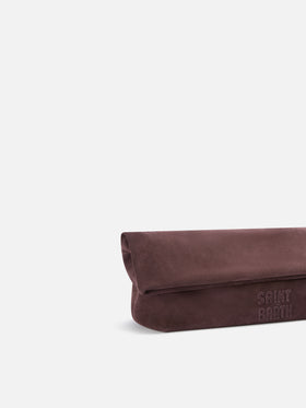 Maxi pouch en daim marron avec patch logo 