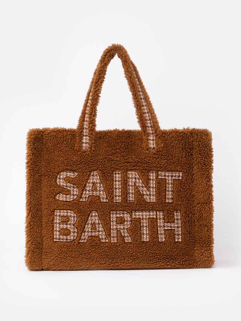 Borsa morbida in peluche marrone con logo a scacchi Saint Barth