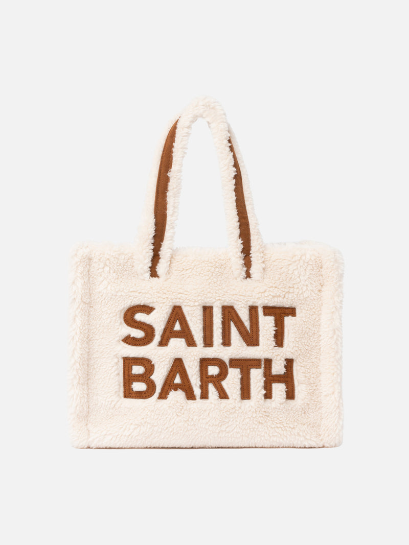 White teddy Soft Bag Small with Saint Barth logo and shoulder strap