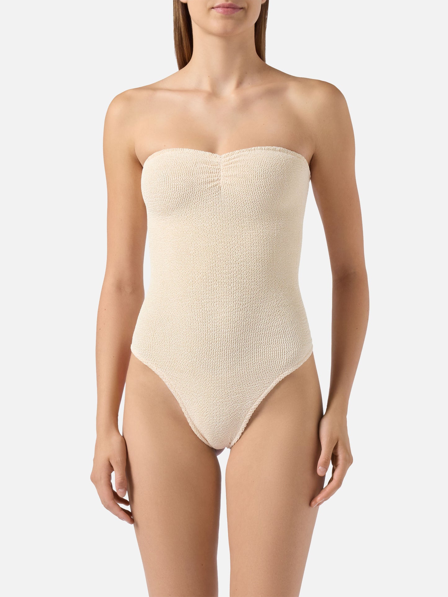 Costume intero crinkle senza spalline Soleil in beige