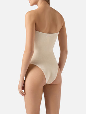 Costume intero crinkle senza spalline Soleil in beige