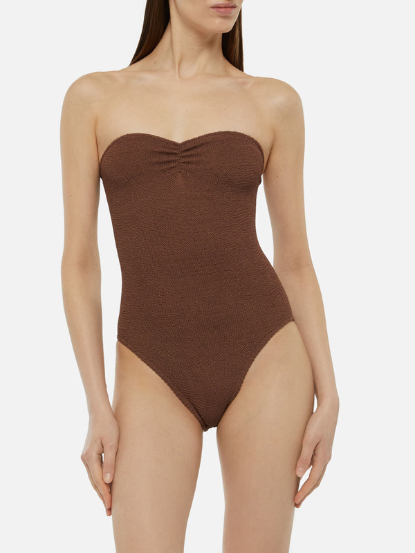 Soleil brown crinkle strapless one-piece swimsuit