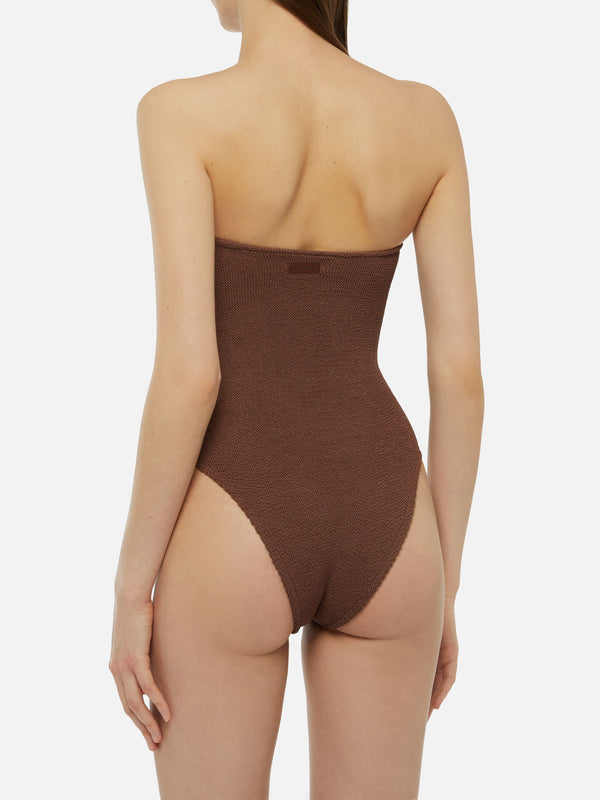 Soleil brown crinkle strapless one-piece swimsuit