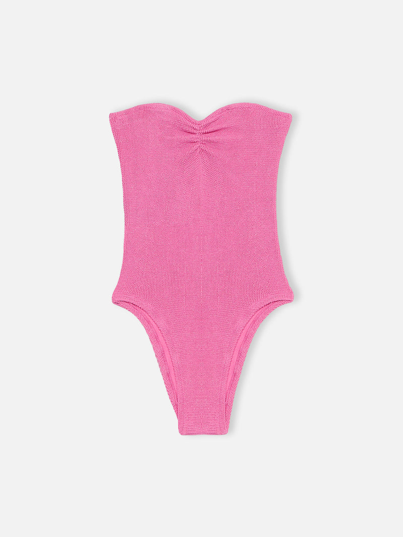 Woman fuchsia lurex strapless one piece swimsuit Soleil