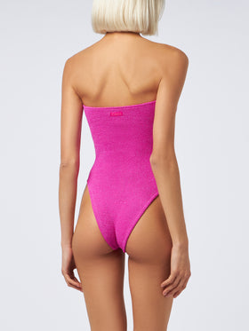 Damen trägerloser Einteiler-Badeanzug aus fuchsiafarbenem Lurex Soleil 