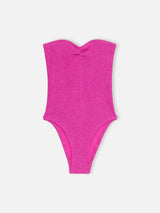 Costume intero da donna senza spalline fucsia in lurex Soleil