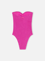 Woman fuchsia lurex strapless one piece swimsuit Soleil