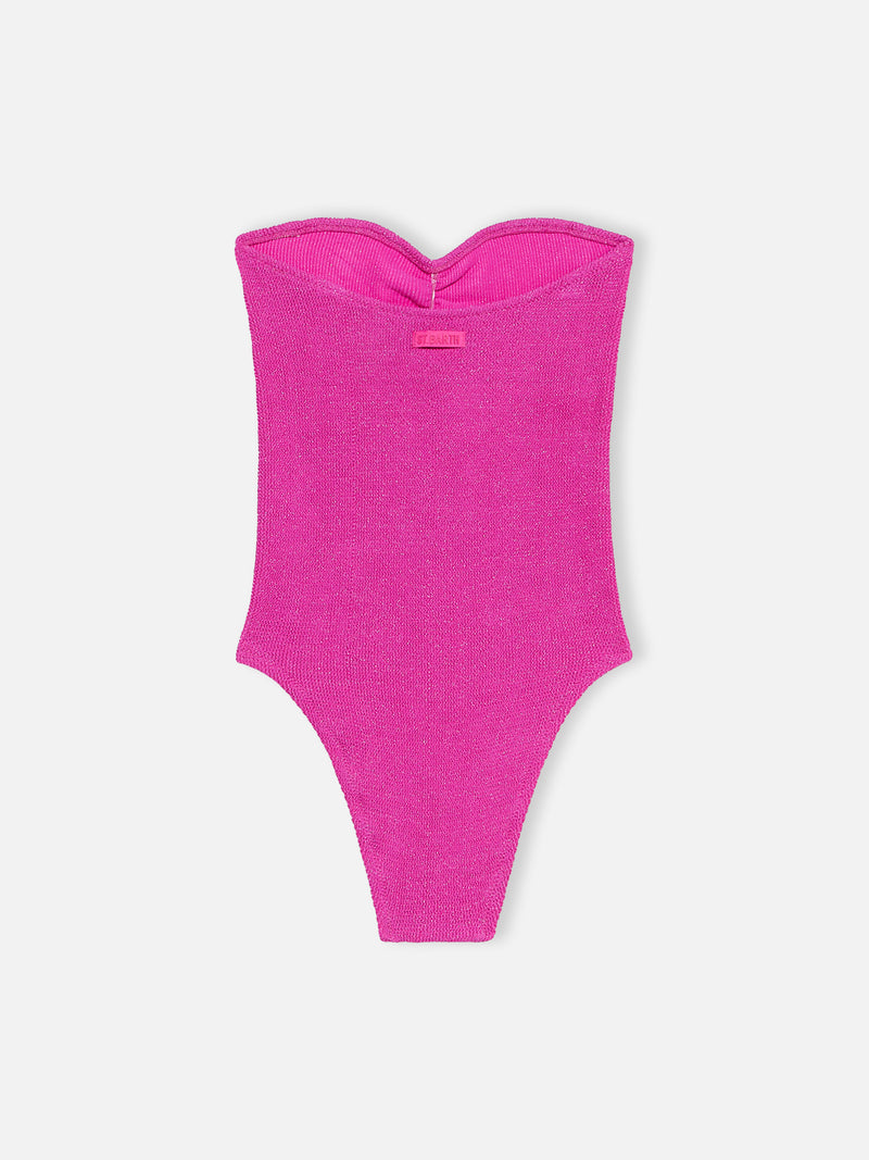 Costume intero da donna senza spalline fucsia in lurex Soleil