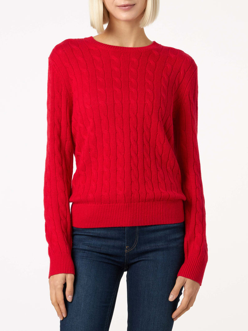 Maglione da donna rosso in maglia a trecce in misto cashmere Sorbonne