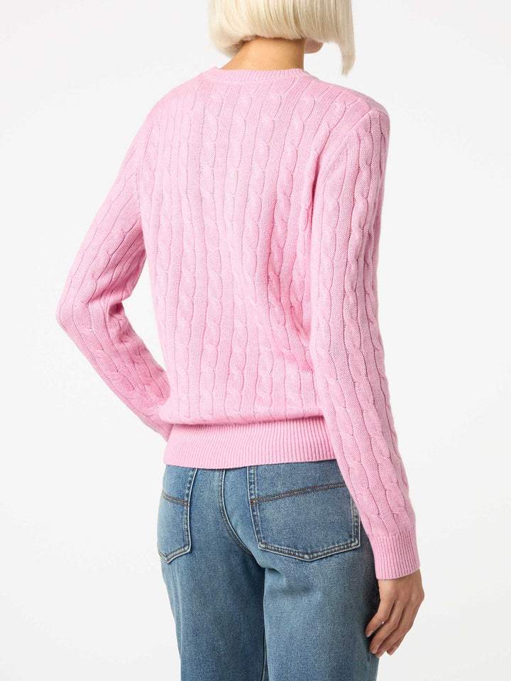 Rosa Damenpullover aus Kaschmirmischung mit Zopfmuster Sorbonne