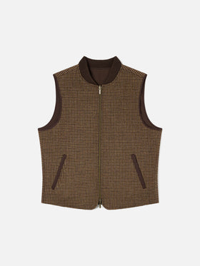 Chaleco reversible Spencer de lana marrón con motivo de pata de gallo 