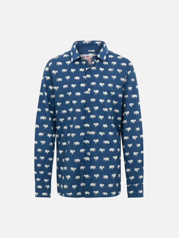 Blue Boy muslin cotton shirt Sharouk with micro hippo print